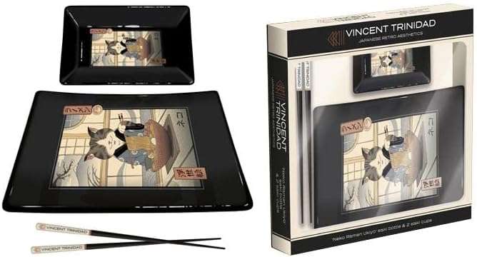 Pyramid International Vincent Trinidad Sushi Set with Ceramic Sushi Platter, Dipping Tray and Lacquered Wooden Chopsticks