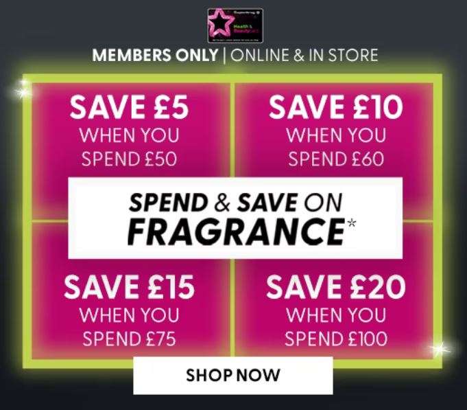 Spend & Save On Fragrance-Save £5 With £50 spend,Save £10 on £60,Save £15 on £75, Save £20 on £100 + Free Delivery @ Superdrug (E.G in post)