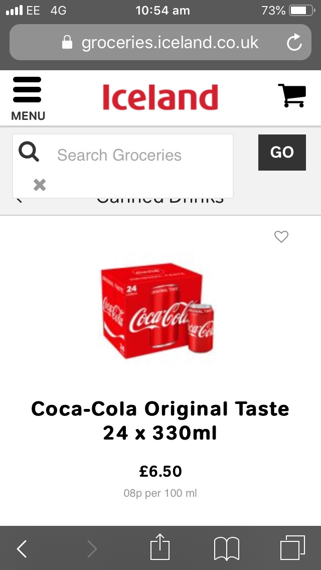 Full fat Coke 24 x 330ml £6.50 iceland hotukdeals