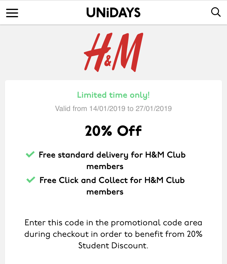 H&M 20 student discount Limited time only + Code stack! (No min