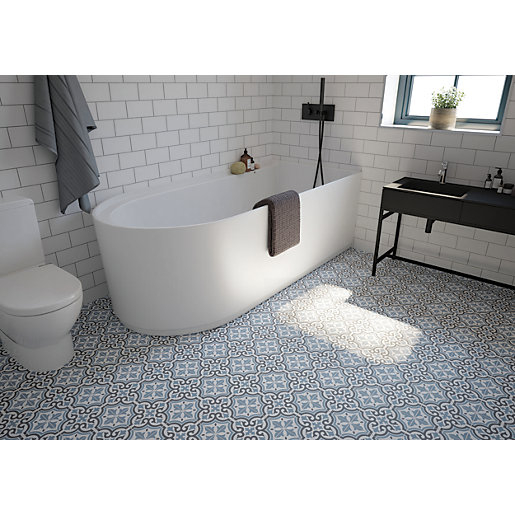 117Â° - Wickes Melia Blue Patterned Ceramic Wall & Floor Tile 200 X 200mm (25 tiles) for Â£17 per sq. metre @ Wickes