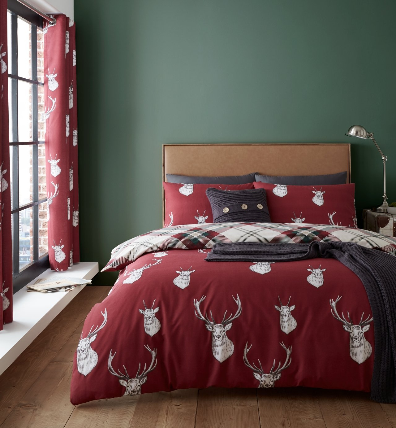 Catherine Lansfield Munro Check Stag Bedding Set Red Check Single