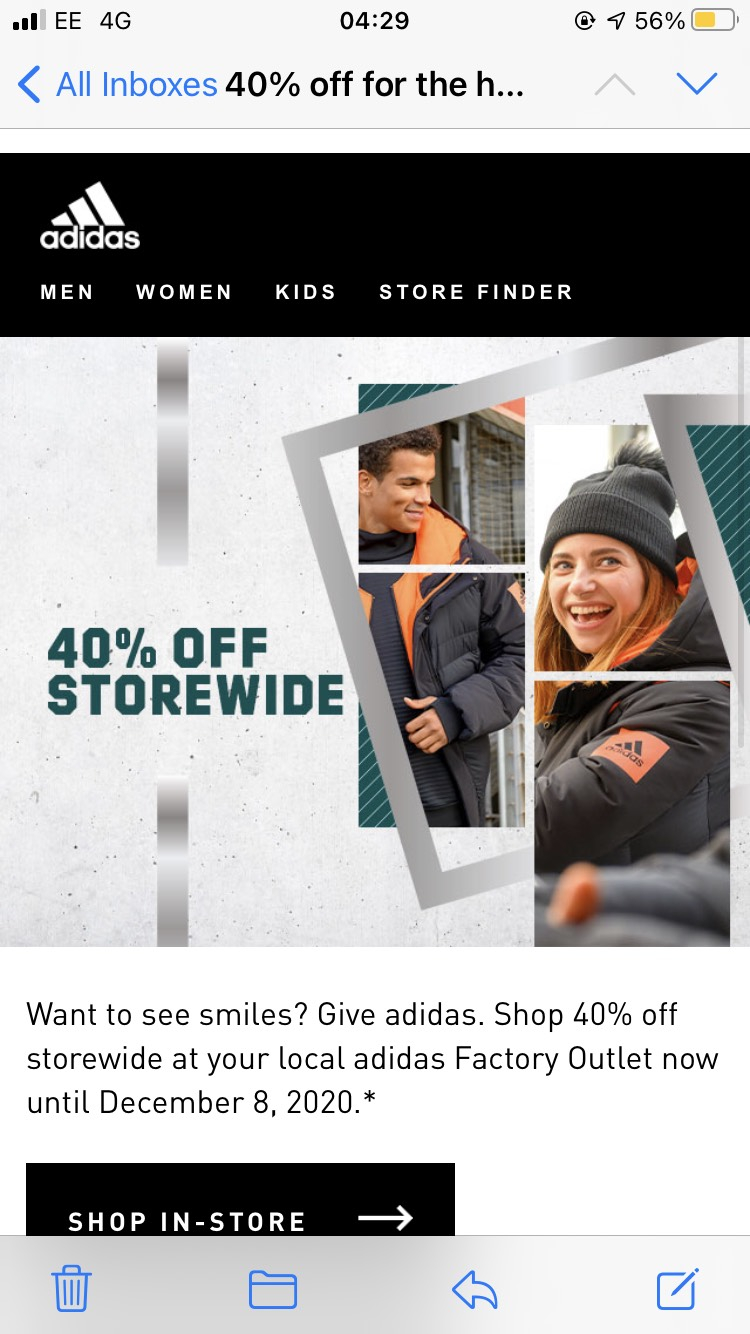 40% off adidas factory outlet - instore only - hotukdeals